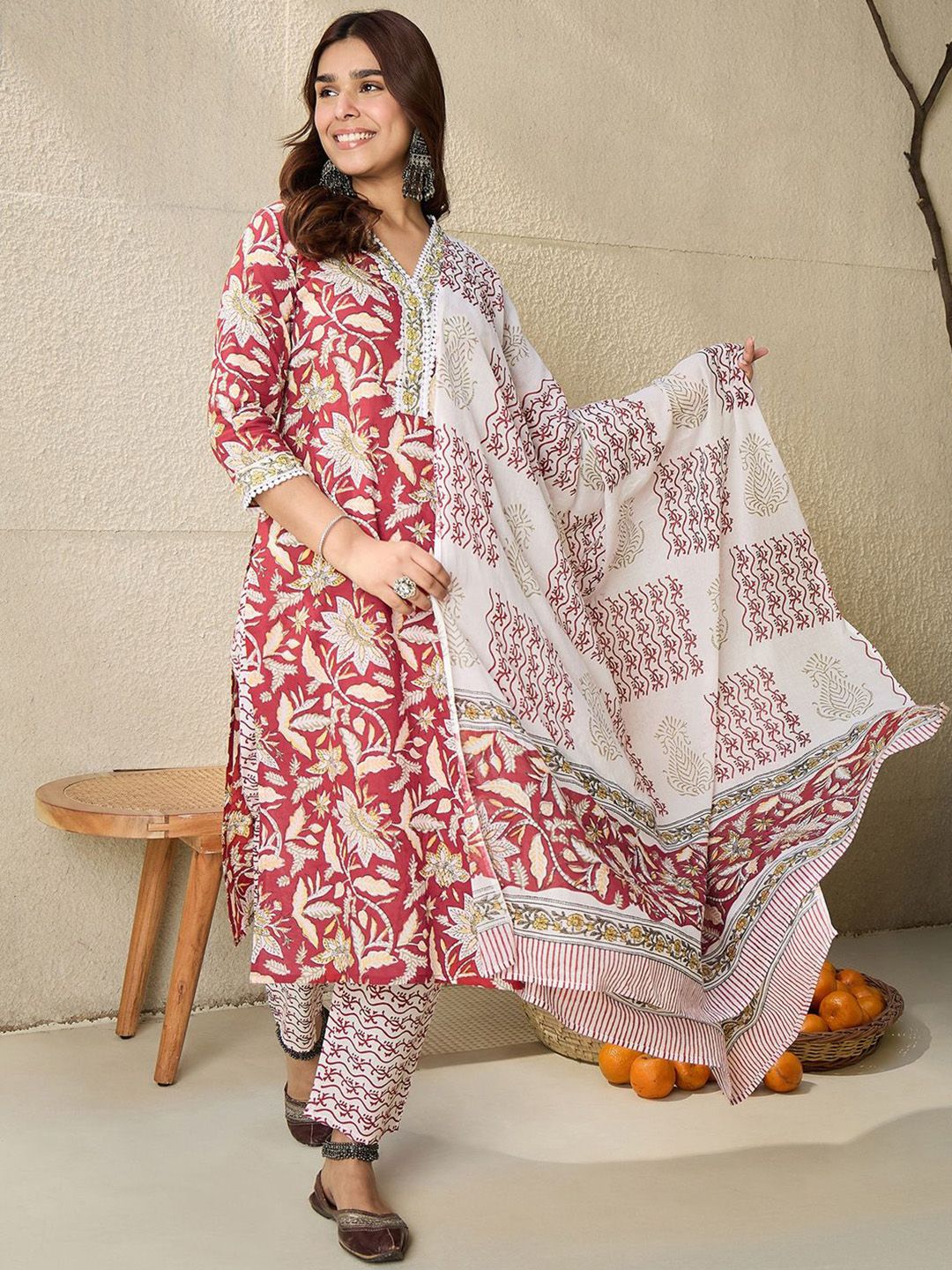 Dhiyona IE Floral Printed V-Neck Pure Cotton Straight Kurta With Trousers And Dupatta