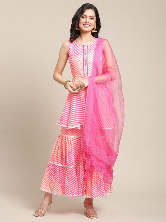 Dhiyona VA Women's Pink Leheriya Printed Empire Kurti with Sharara & Dupatta