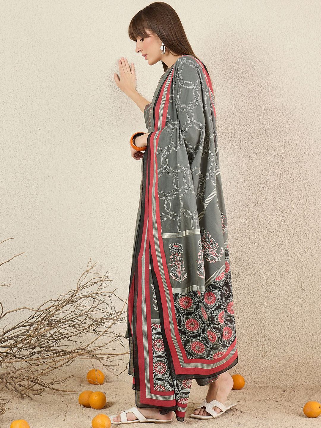 Women Solid Embroidered Cotton Kurta with Trousers & Dupatta