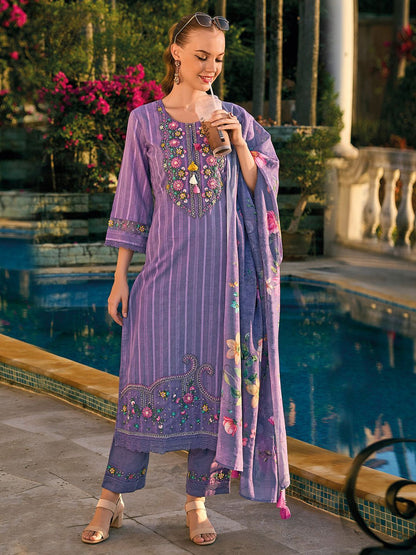 Dhiyona IE Floral Embroidered Regular Thread Work Pure Cotton Kurta With Trousers & Dupatta