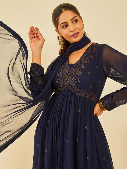 Dhiyona SO Women's Women Floral Embroidered Angrakha Beads and Stones Kurta with Palazzos & With Dupatta