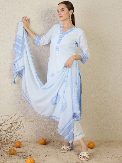 Women Floral Printed V Neck Regular Linen Kurta with Trousers & Dupatta