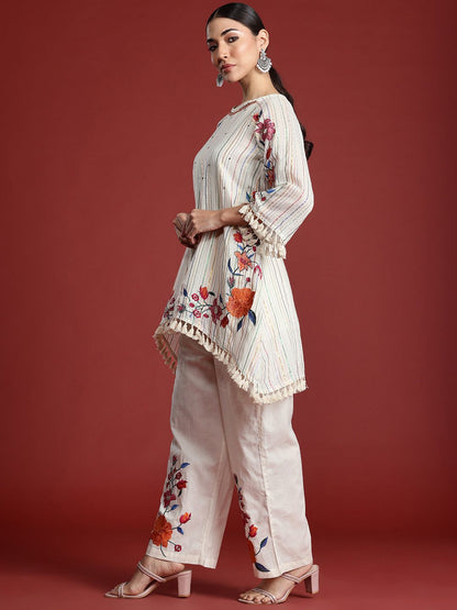 Dhiyona IE Floral Embroidered Thread Work Pure Cotton Kurti with Palazzos