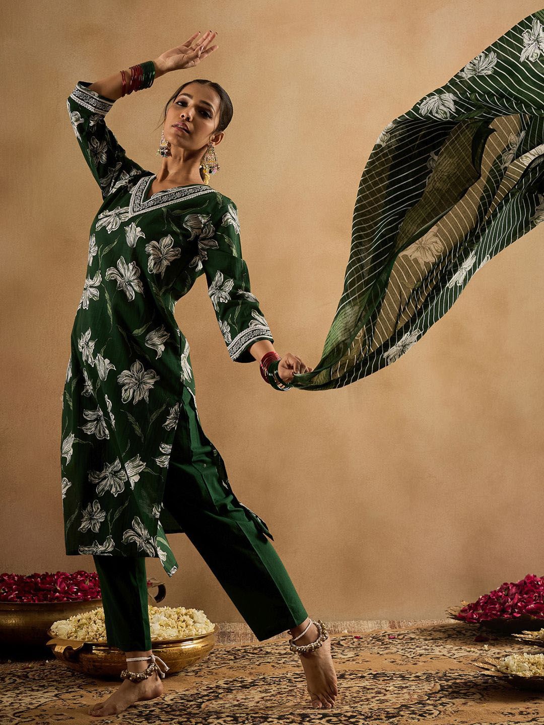 Floral Printed V-Neck Pure Cotton Straight Kurta With Trouser & Dupatta