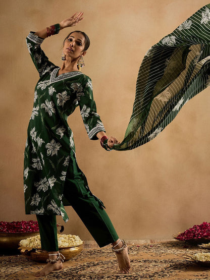 Floral Printed V-Neck Pure Cotton Straight Kurta With Trouser & Dupatta