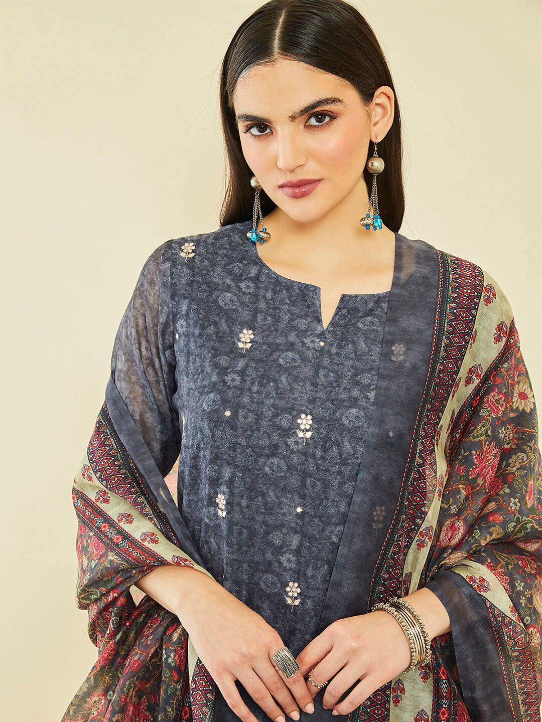 Dhiyona SO Women's Ethnic Motifs Printed Thread Work Chanderi Silk Kurta & Trousers With Dupatta