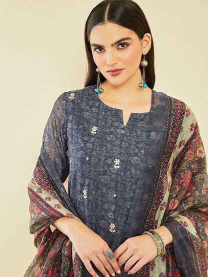 Dhiyona SO Women's Ethnic Motifs Printed Thread Work Chanderi Silk Kurta & Trousers With Dupatta