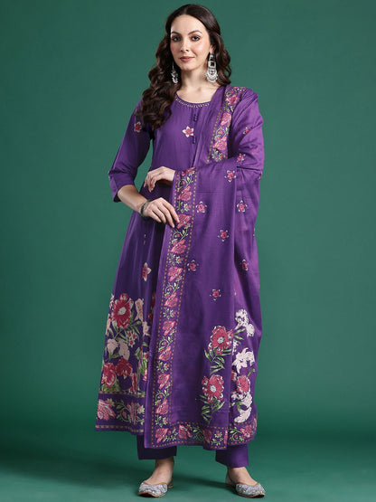Dhiyona IE Floral Printed Mirror Work Pure Cotton Kurta With Trousers & Dupatta