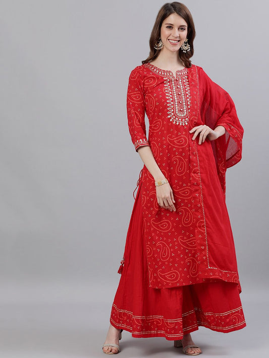 Dhiyona IS Women's Bandhani Printed Gotta Patti Pure Cotton Kurta with Sharara & With Dupatta