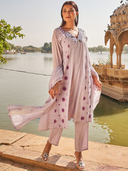 Floral Embroidered Mirror Work Anarkali Pure Cotton Kurta With Trousers & Dupatta