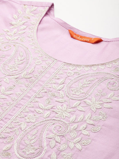 Dhiyona IE Ethnic Motifs Embroidered Thread Work Liva Kurta with Trousers & Dupatta