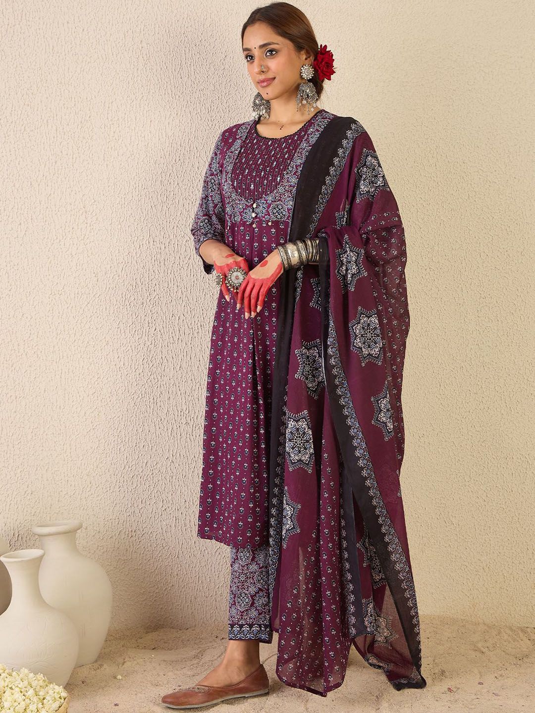 Women Ethnic Motifs Printed Pure Cotton Kurta with Trousers & Dupatta Kurta Sets