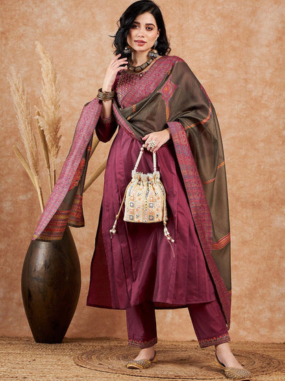 Dhiyona SN Women's Pink Floral Embroidered Zari Sequence A-Line Kurta & Trousers With Dupatta