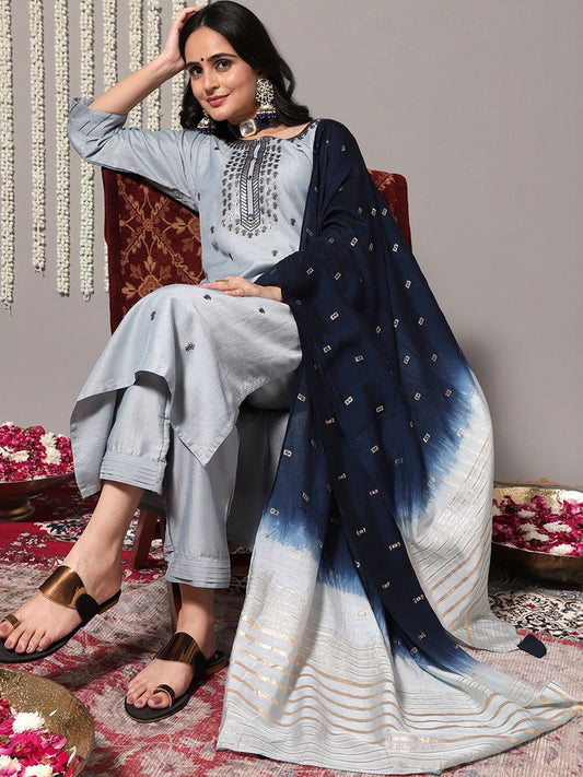 Dhiyona VA Women'sBlue Ethnic Motifs Embroidered Kurta With Trousers & Dupatta