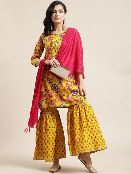 Dhiyona VA Women's Yellow Floral Printed Straight Pure Cotton Kurta & Sharara With Dupatta