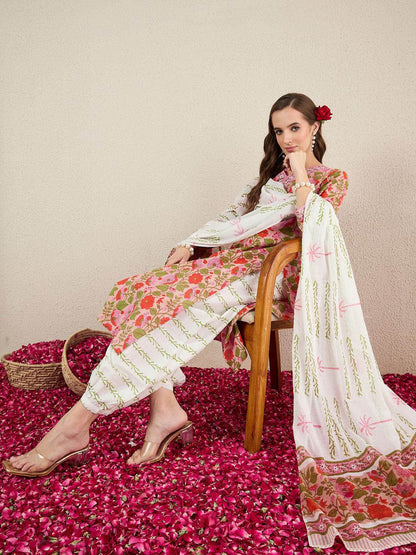 Dhiyona IE Floral Printed Pure Cotton V-Neck A-Line Kurta With Salwar And Dupatta