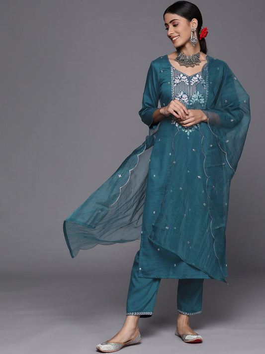 Dhiyona VA Women's Teal Ethnic Motifs Embroidered Sequinned Kurta with Trousers & With Dupatta