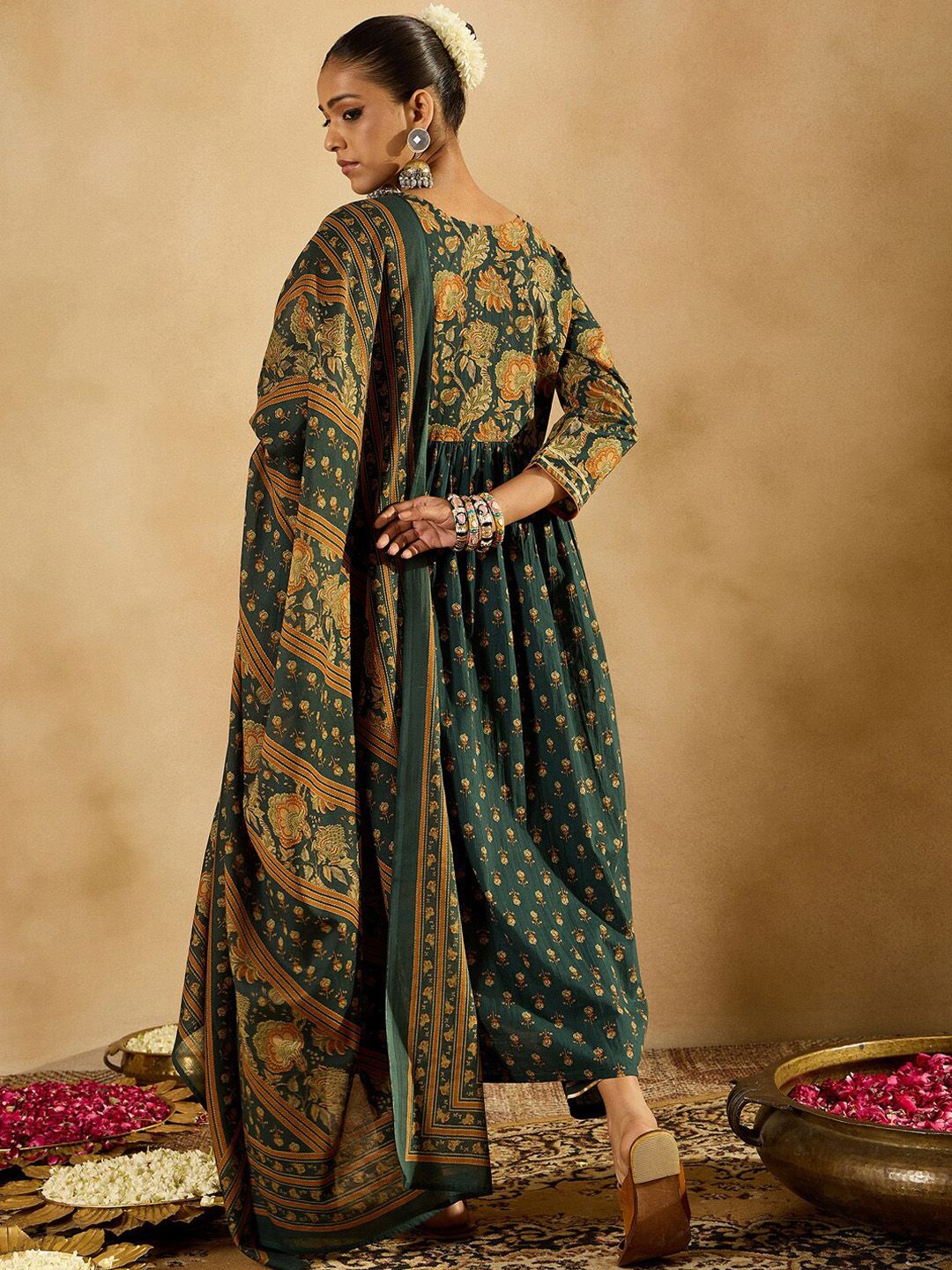 Dhiyona IE Floral Printed Empire Pure Cotton A-Line Kurta With Trousers & Dupatta