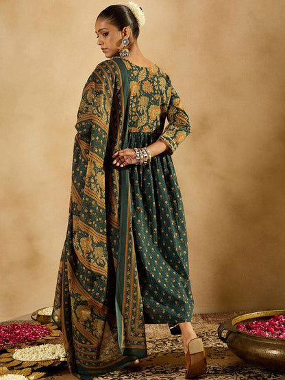 Dhiyona IE Floral Printed Empire Pure Cotton A-Line Kurta With Trousers & Dupatta
