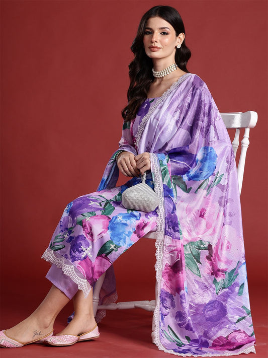 Floral Printed Thread Work Kurta with Trousers & Dupatta