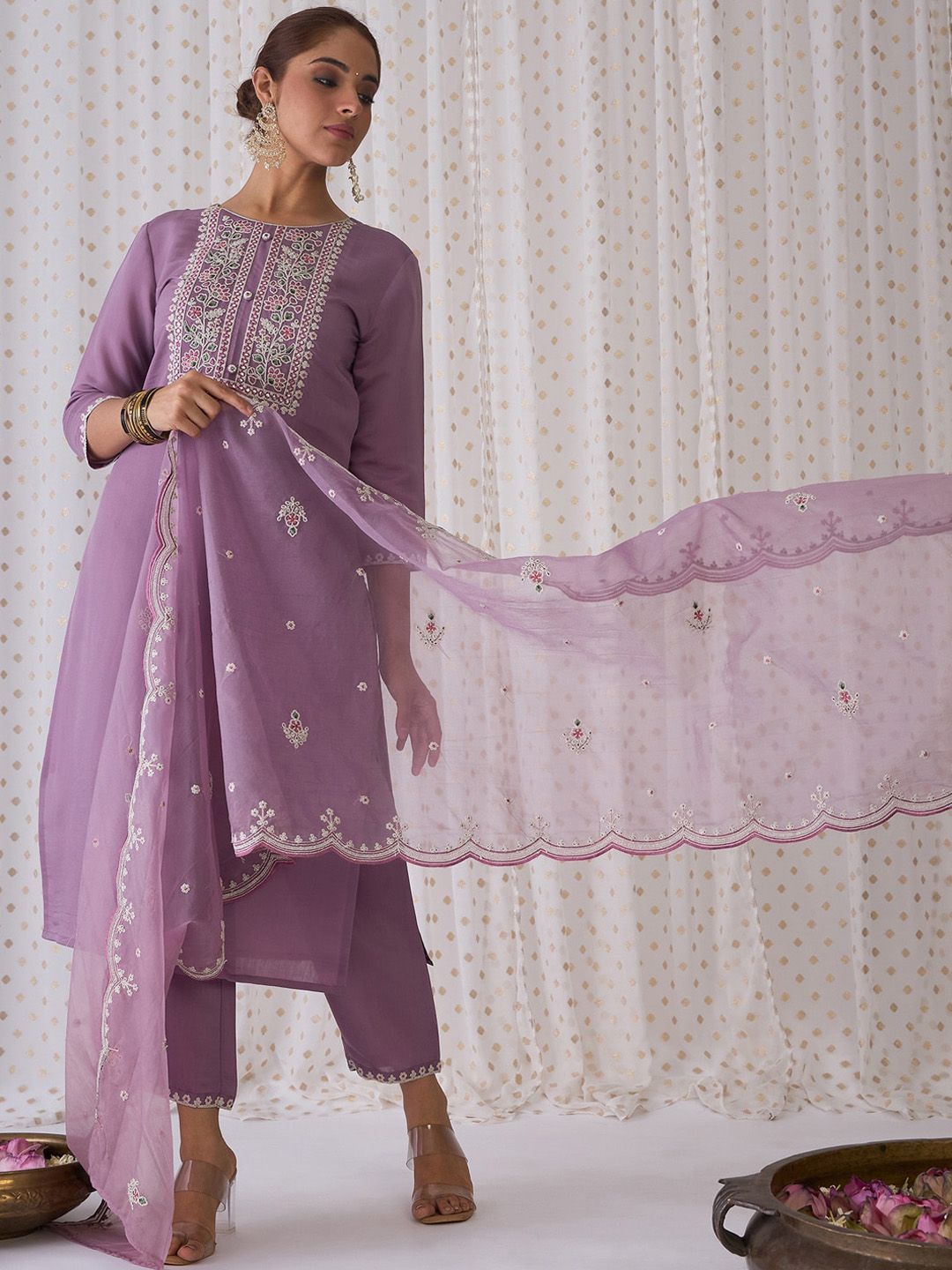 Floral Embroidered Round Neck Thread Work Kurta with Trousers & Dupatta