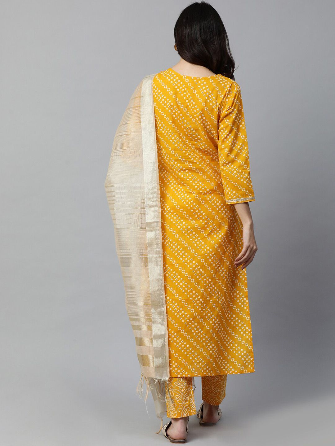 Women Yellow & White Printed Kurta with Trousers & Dupatta