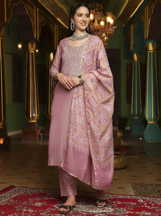 Dhiyona SN Women's Embroidered Straight Kurta With Trouser & Dupatta Set