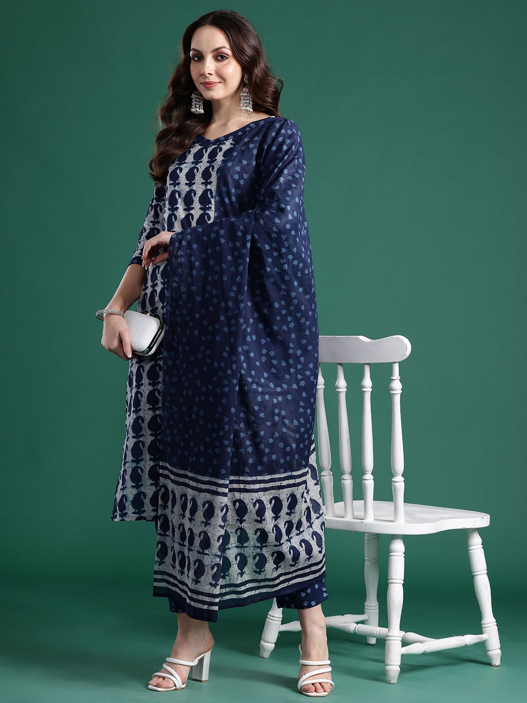 Paisley Printed Pure Cotton Kurta With Trousers & Dupatta