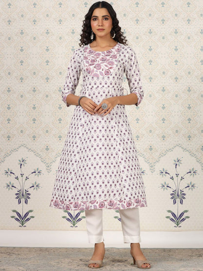 Dhiyona OD  White Floral Printed Pure Cotton A-Line Kurta