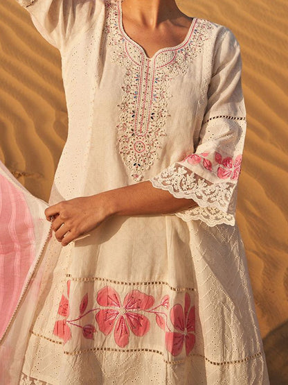 Floral Embroidered Mirror Work Panelled Pure Cotton Kurta With Palazzos & Dupatta
