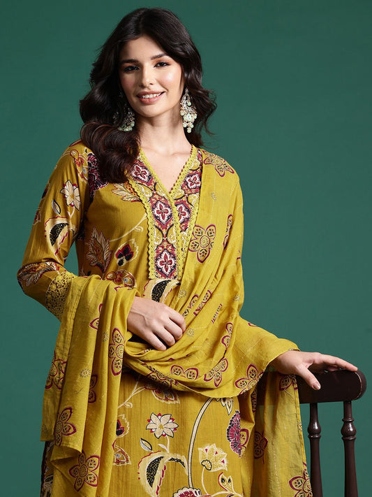 Dhiyona IE Ethnic Motifs Printed Sequinned Pure Cotton Kurta With Trousers & Dupatta