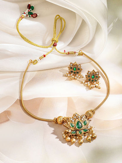 Dhiyona RJ Women's 22K Gold Plated 2 In 1 Lotus Motif Ruby & Emerald Stone Studded Jewellery Set