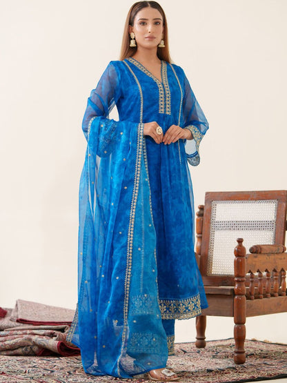 Dhiyona PD Women Floral Embroidered V-Neck Organza A-Line Kurta With Trousers & Dupatta