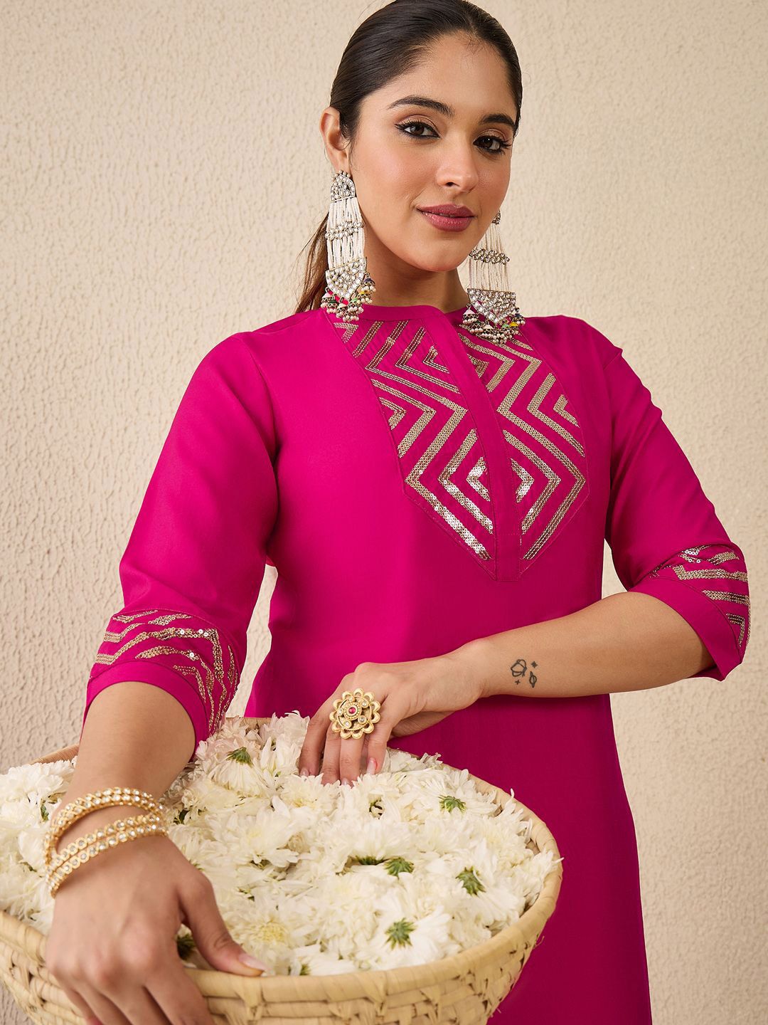 Embroidered Mirror Work Straight Kurta With Trousers