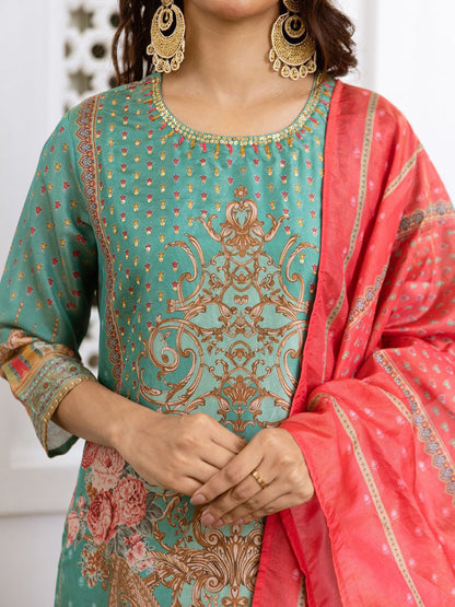 Women Floral Printed Regular Beads and Stones Kurta with Trousers & With Dupatta