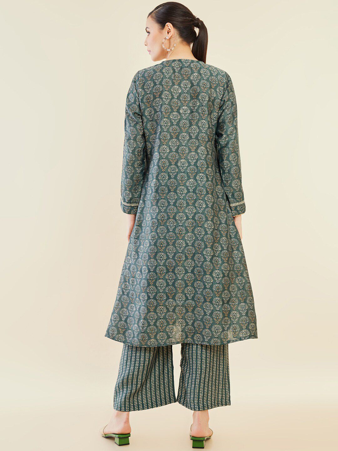 Dhiyona SO Women's Green Ethnic Motifs Printed A-Line Gotta Patti A-Line Kurta With Palazzos