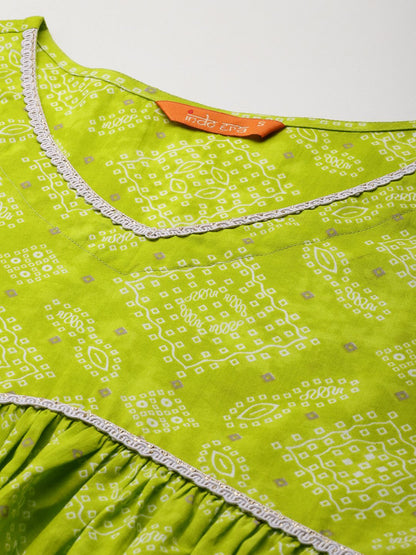 Dhiyona IE Women Bandhani Printed Empire Thread Work Pure Cotton Kurta with Trousers & With Dupatta