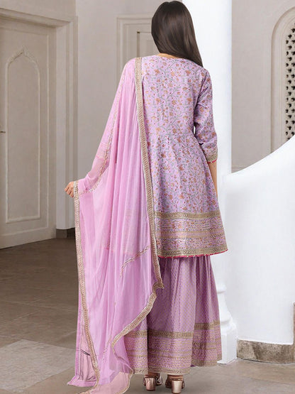 Dhiyona IS Women's Floral Printed Gotta Patti Pure Cotton Anarkali Kurta With Sharara And Dupatta