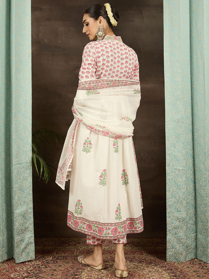 Dhiyona IE Women Floral Printed Empire Mirror Work Kurta with Trousers & With Dupatta