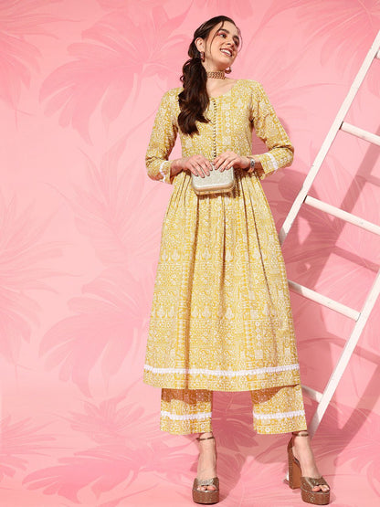 Dhiyona VA Women's Ethnic Motifs Printed Empire Pure Cotton Kurta with Trousers