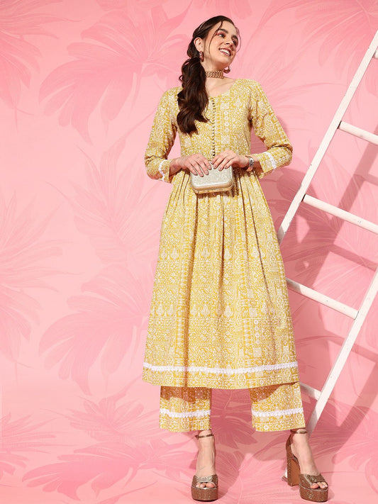 Dhiyona VA Women's Ethnic Motifs Printed Empire Pure Cotton Kurta with Trousers