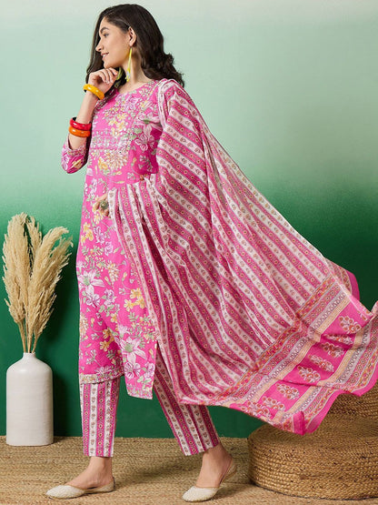 Dhiyona SN Women's Printed Pure Cotton Straight Kurta With Trousers & Dupatta
