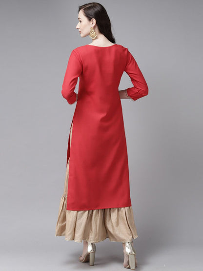 Dhiyona IE Women Red Ethnic Motifs Yoke Design Thread Work Straight Kurta