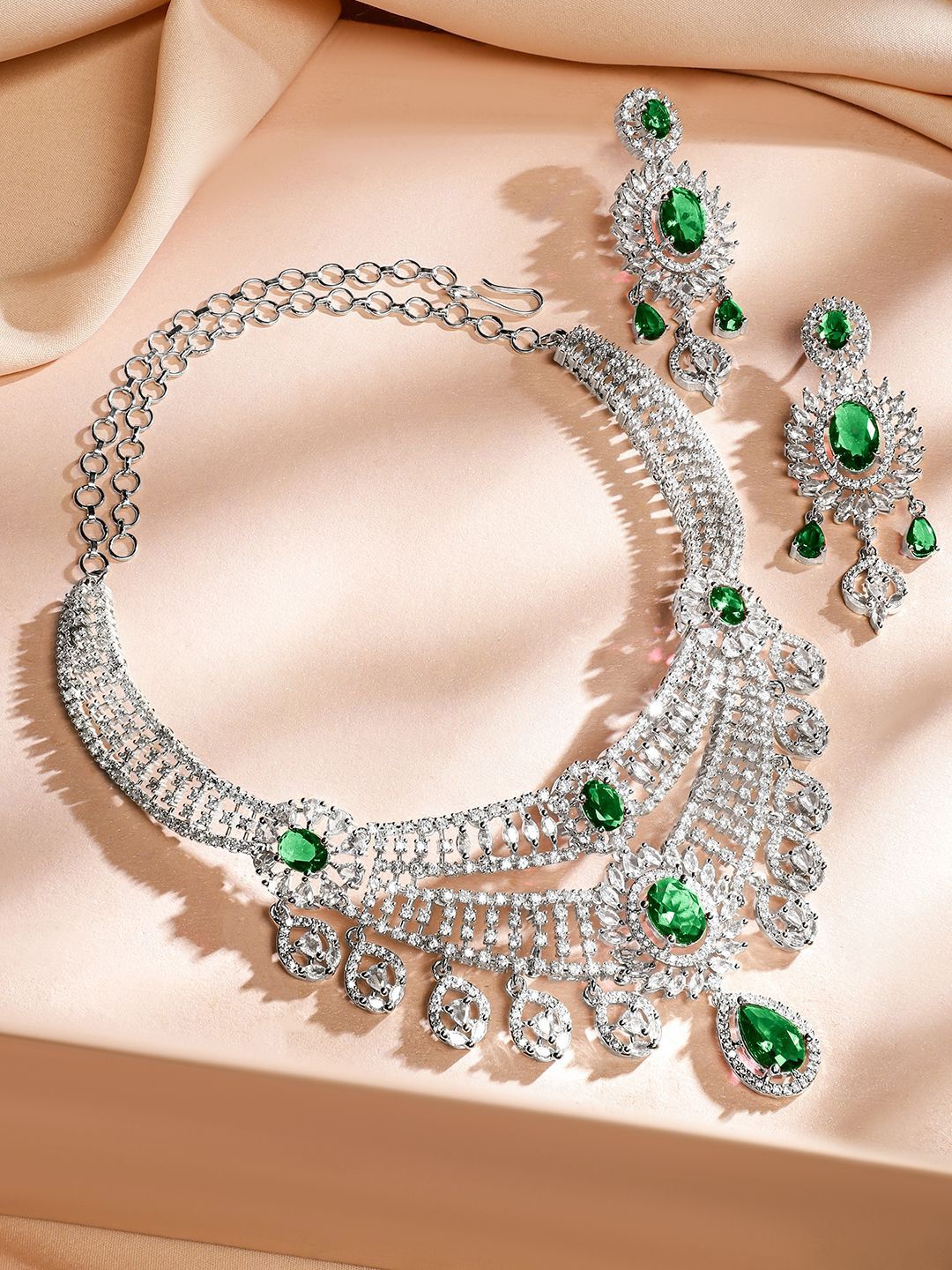 Dhiyona RJ Women's Rhodium-Plated Emerald Green & White Cubic Zirconia Layered Choker Jewellery Set