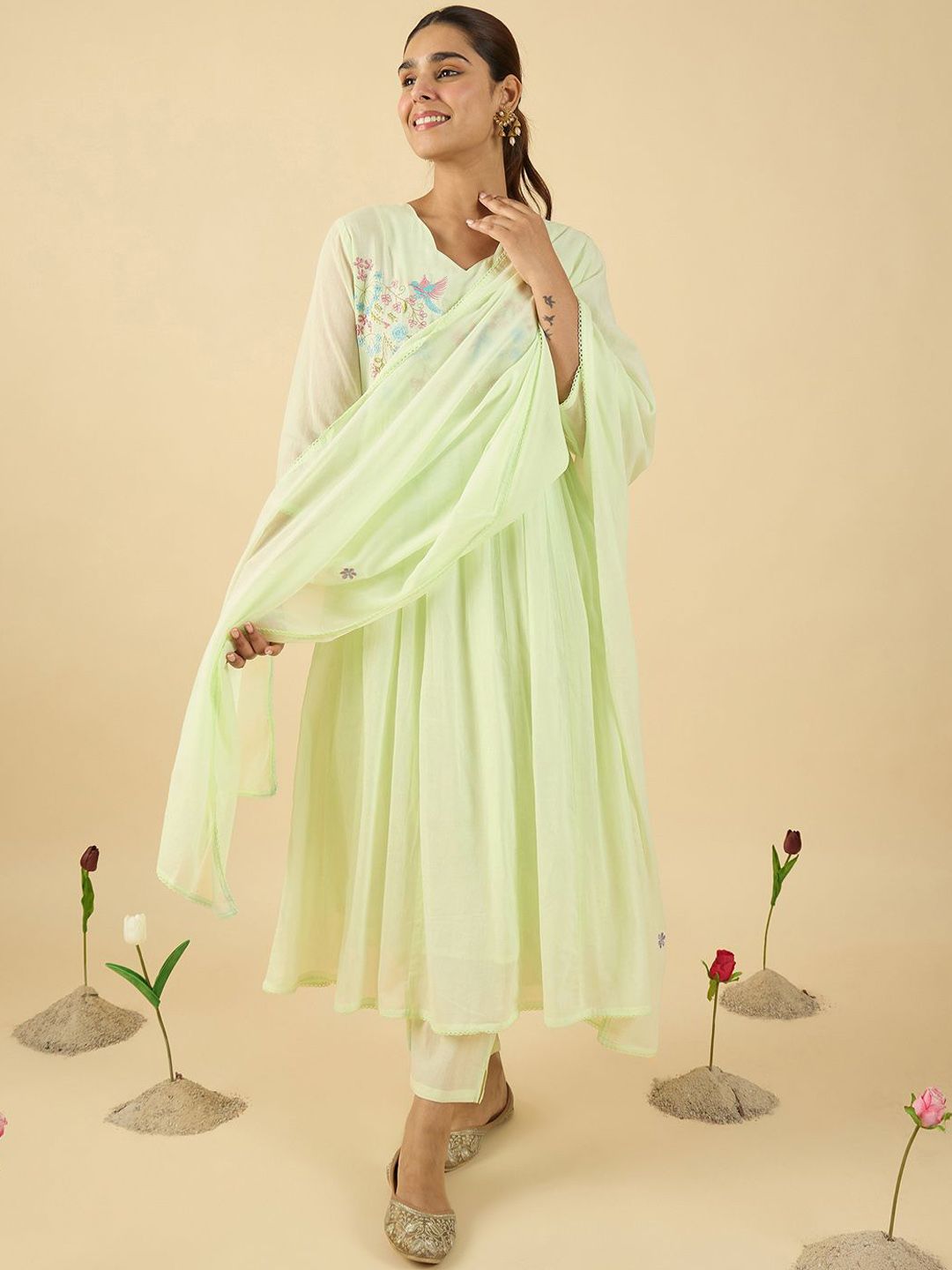 Dhiyona IE Floral Embroidered V Neck A Line Pure Cotton Kurta With Trousers & Dupatta