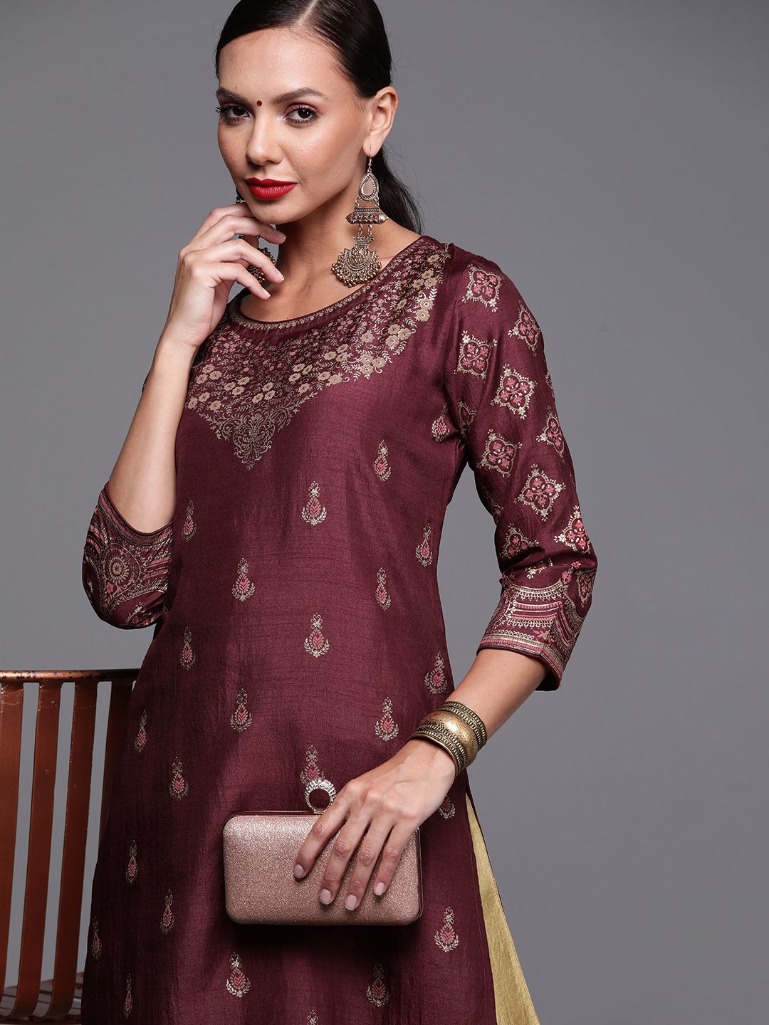 Women Maroon and Gold-Toned Ethnic Motifs Foil Print Kurta with Palazzos