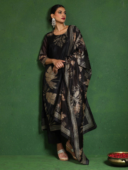 Dhiyona VA Women'sFloral Embroidered Thread Work Chanderi Silk Kurta with Trousers & Dupatta