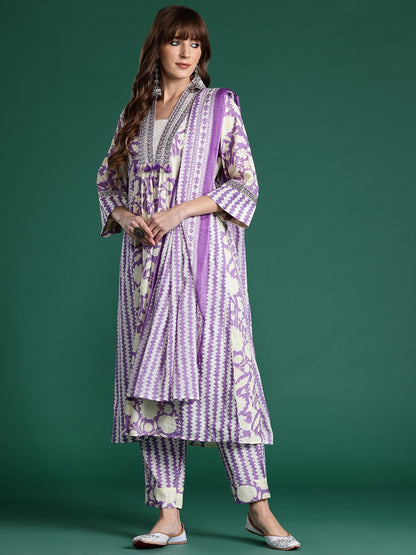 Dhiyona IE Floral Printed Panelled Mirror Work Pure Cotton Kurta With Trousers & Dupatta