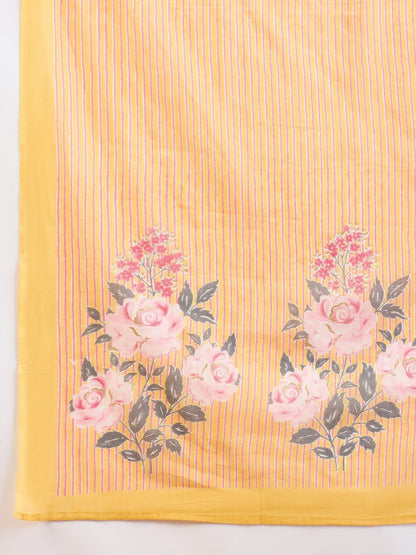 Dhiyona IE Floral Printed Thread Work Pure Cotton Straight Kurta With Trousers & Dupatta