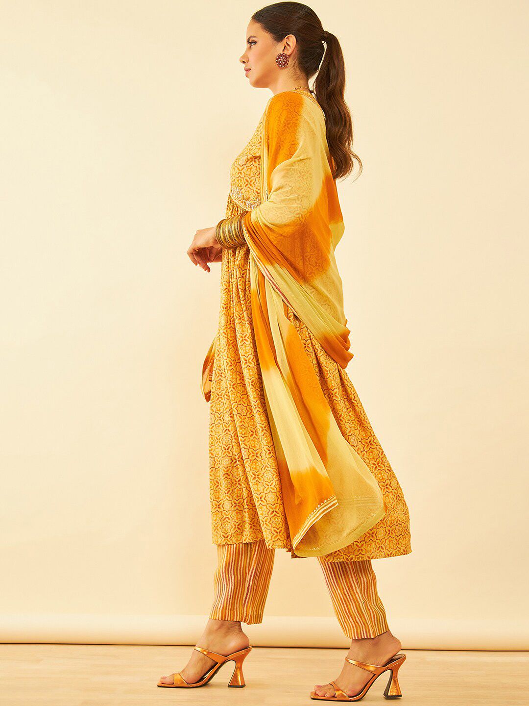 Dhiyona SO Women's Printed Zardozi Kurta with Trousers & With Dupatta